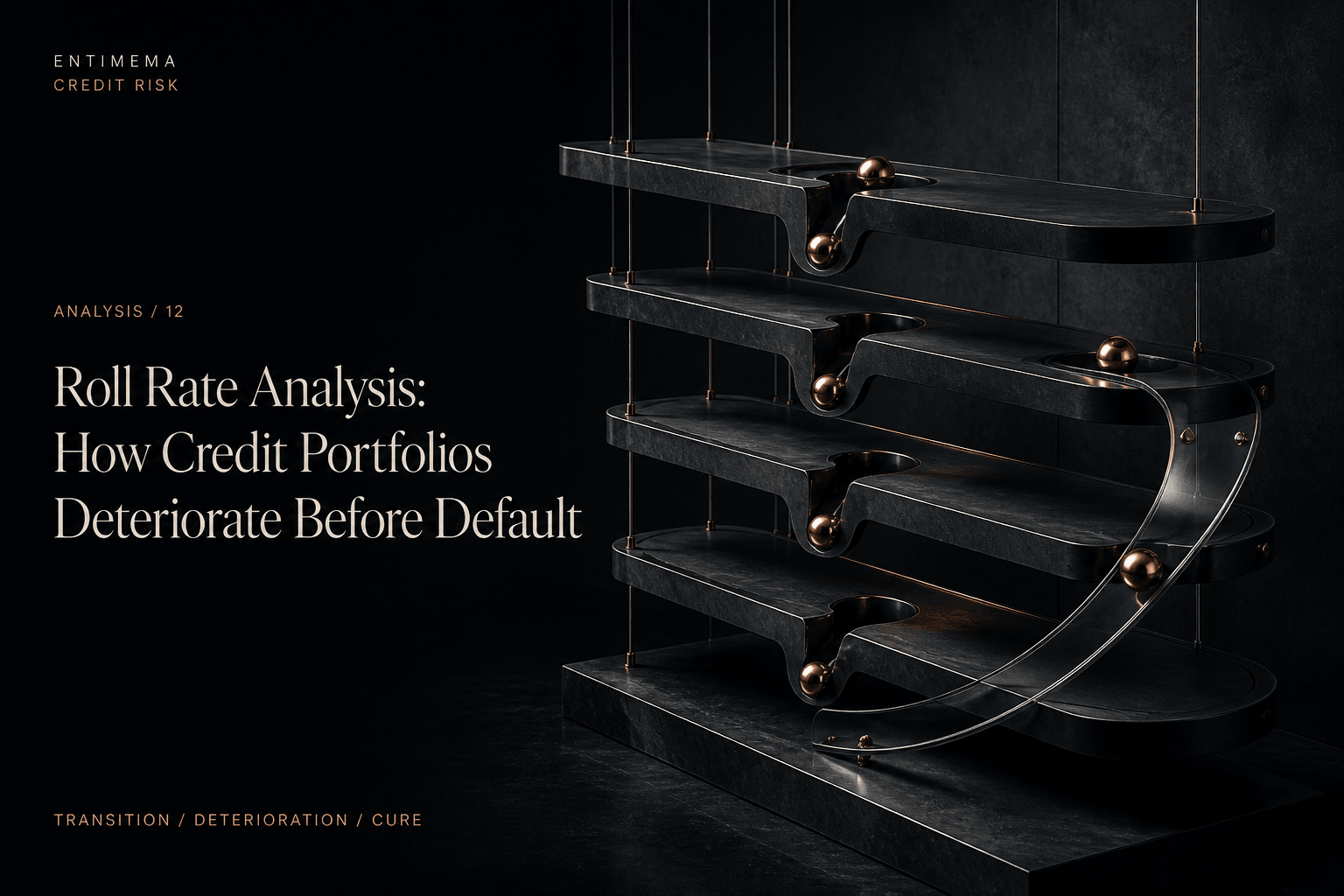 Editorial artwork for Roll Rate Analysis showing deterioration, persistence and cure across five suspended portfolio states.